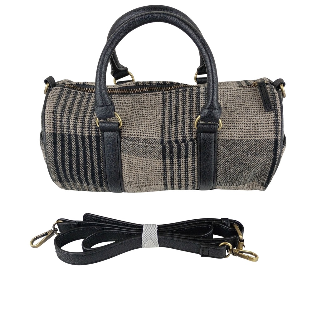 Plaid Barrel Satchel Bag Herringbone Glen Check Crossbody Tan Black Grey